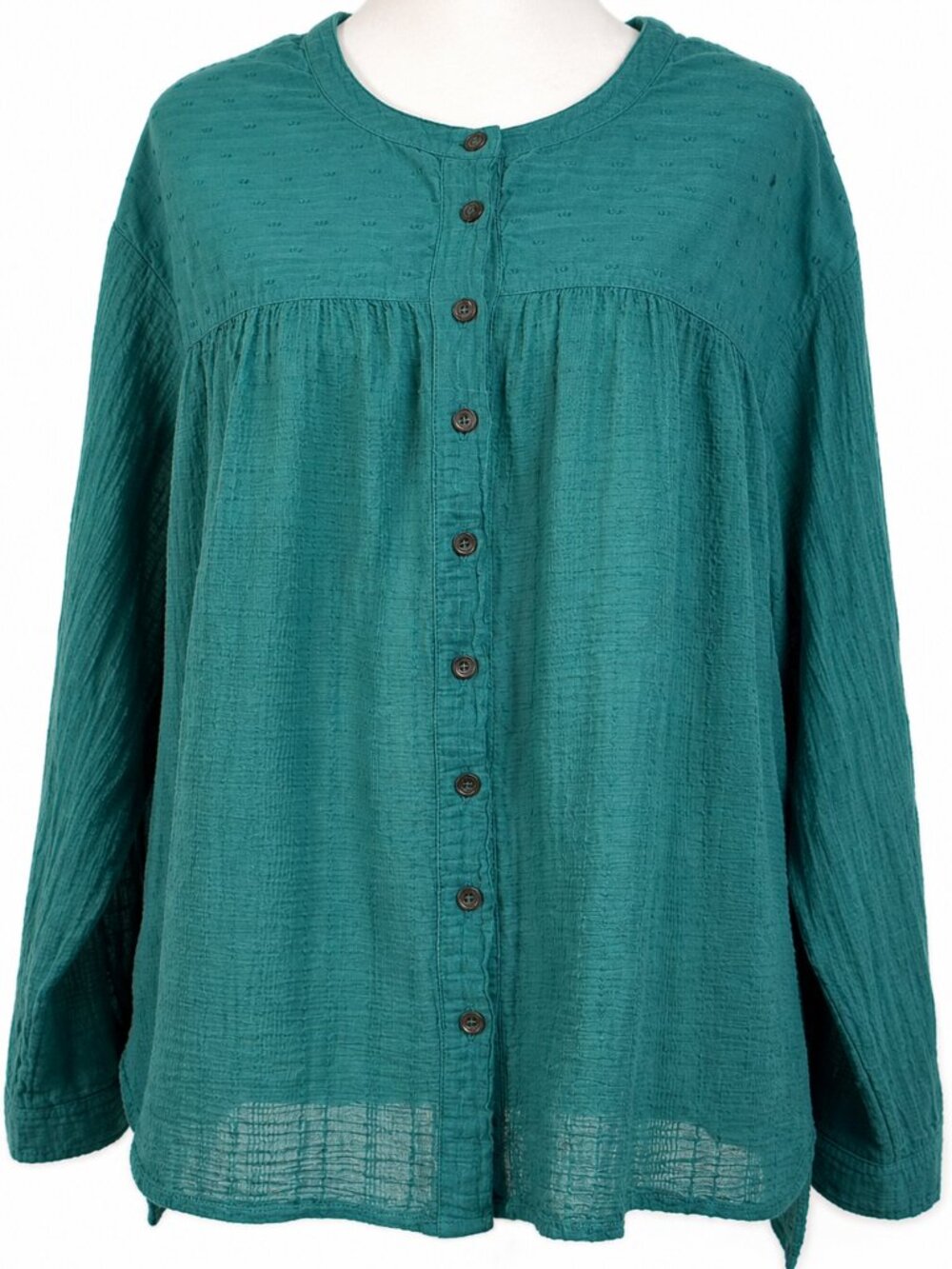 ANTHROPOLOGIE Pilcro Mila Draped Swiss Dot Button Down Cotton Top Size M, Teal